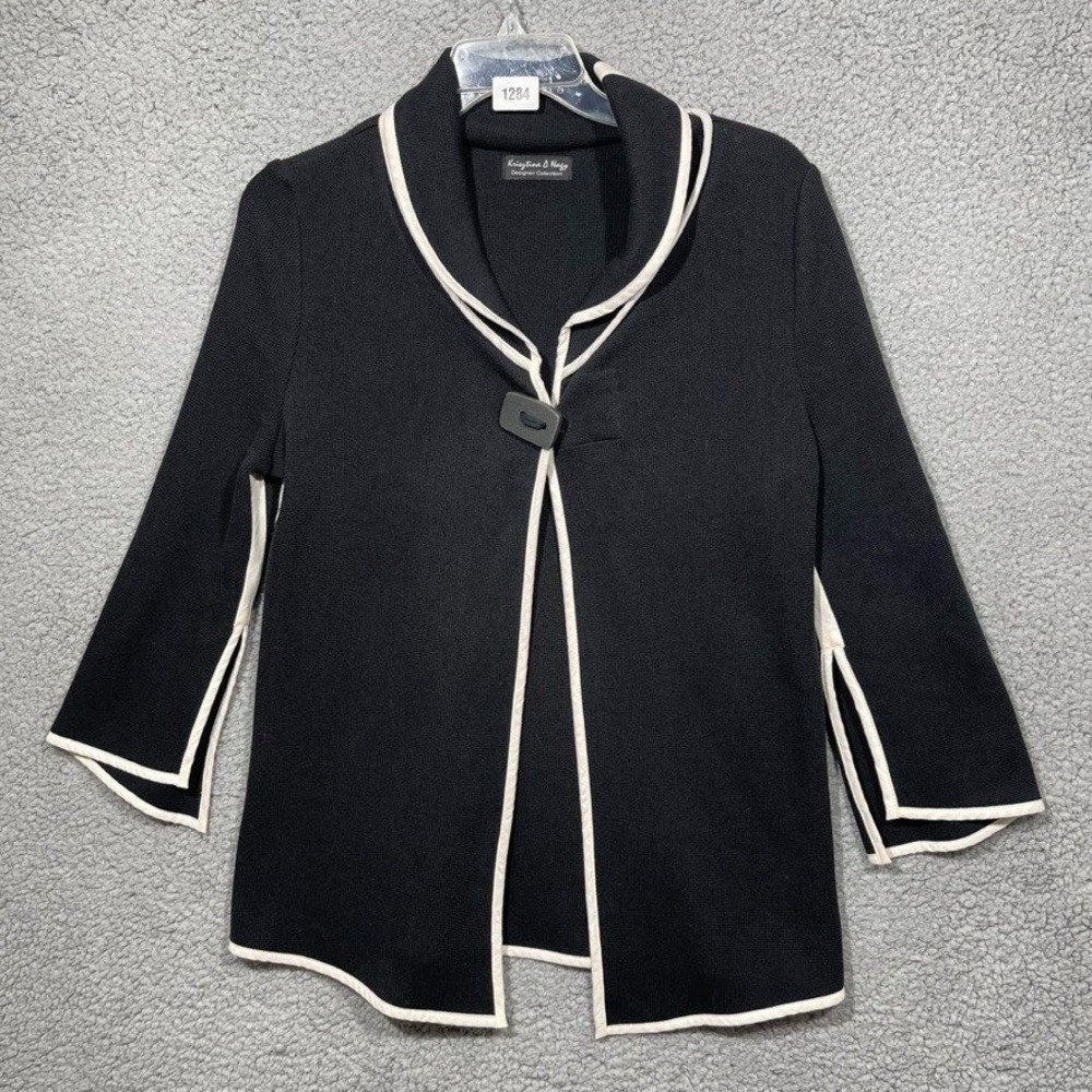 Krisztina Nagy Cardigan Womens Small Black White Trim Asymmetrical Sweater Ezze